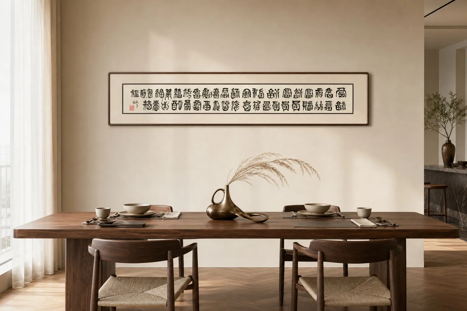 企业空间餐厅中的横幅书法陈设