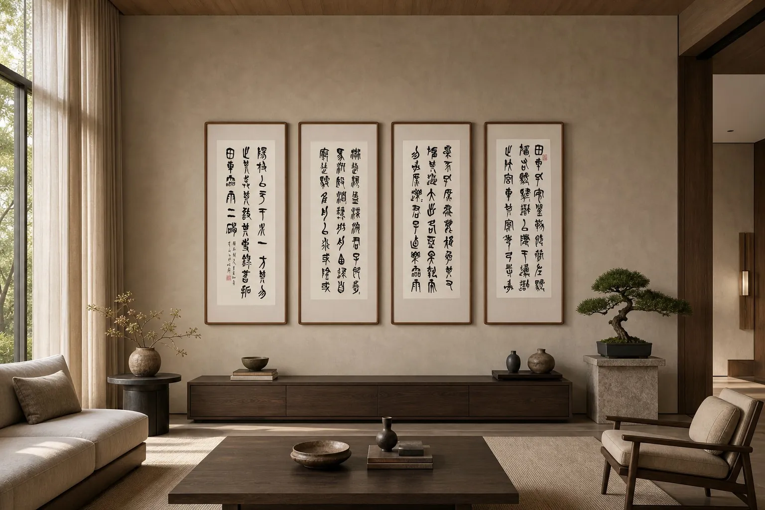 客厅中的四幅书法屏条