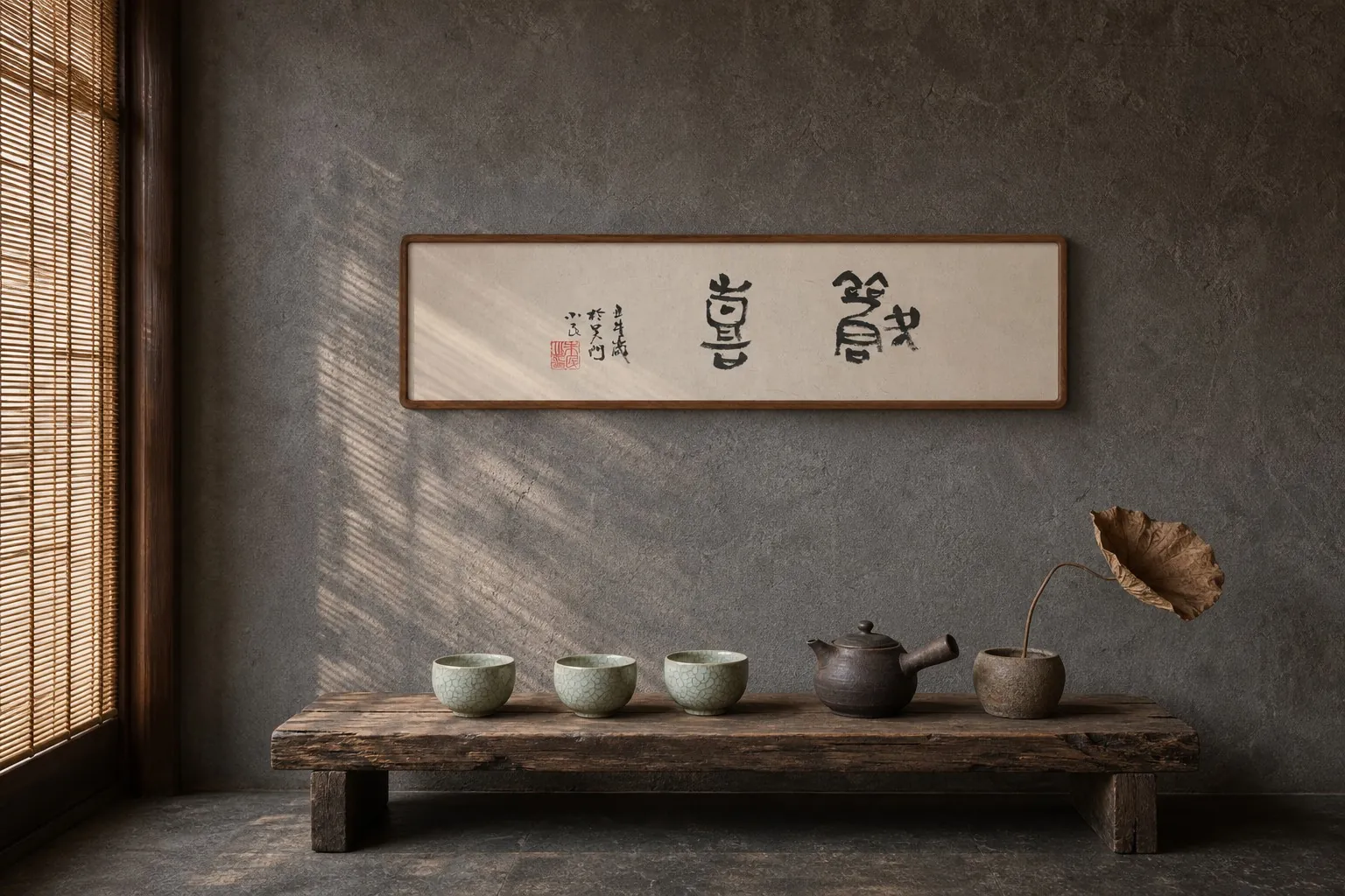 茶室案台上的横幅书法与茶器